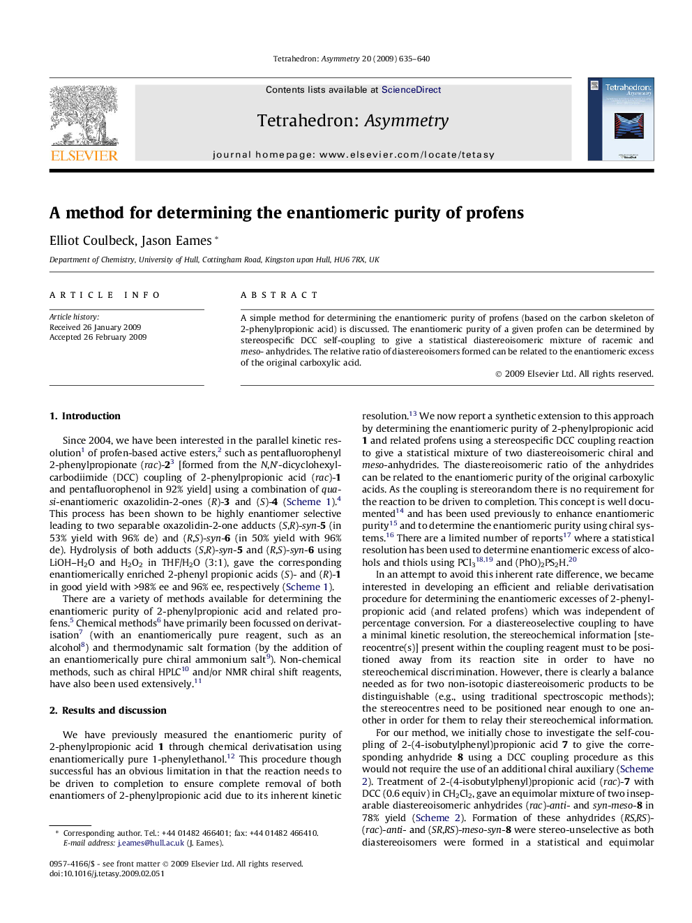 A method for determining the enantiomeric purity of profens