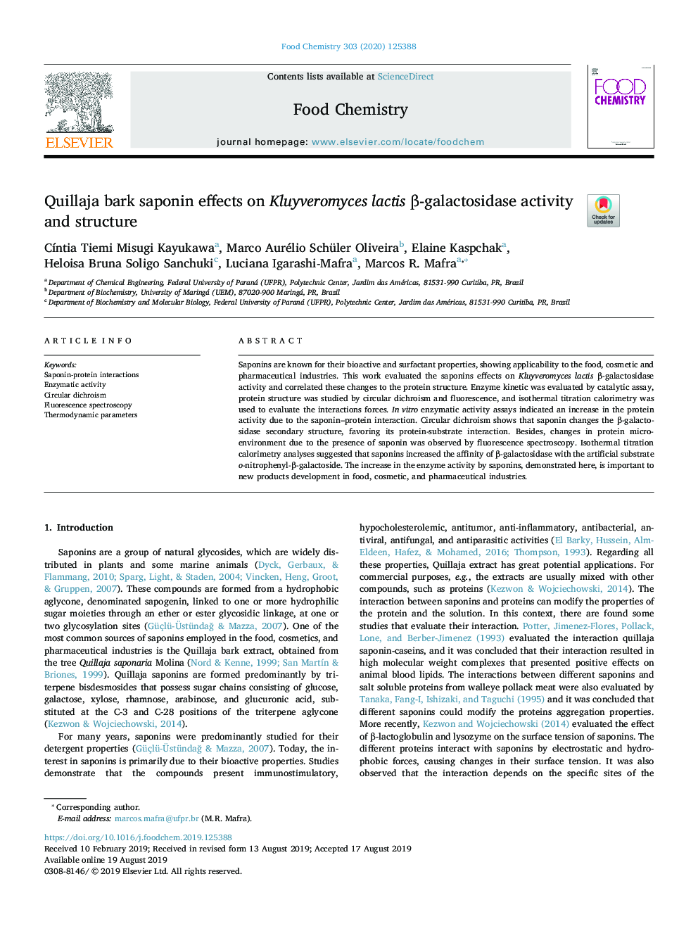 Quillaja bark saponin effects on Kluyveromyces lactis Î²-galactosidase activity and structure