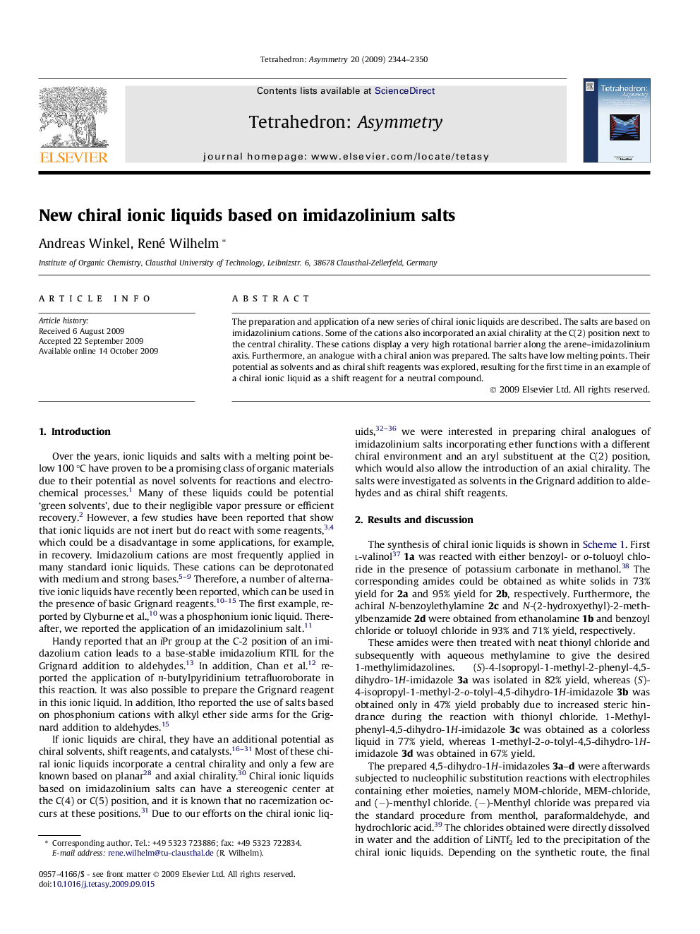 New chiral ionic liquids based on imidazolinium salts