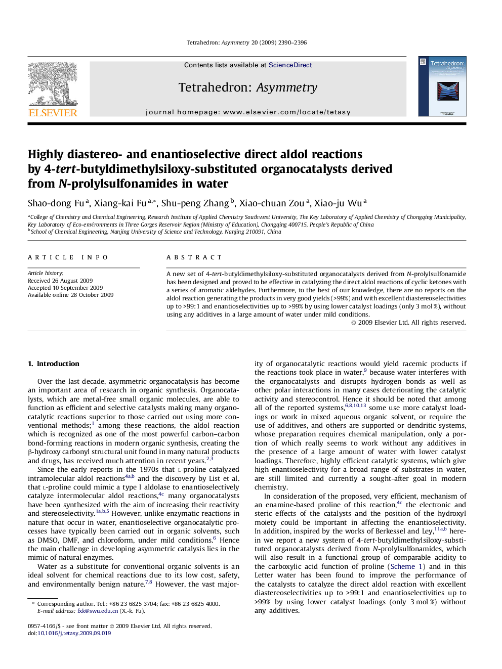Highly diastereo- and enantioselective direct aldol reactions by 4-tert-butyldimethylsiloxy-substituted organocatalysts derived from N-prolylsulfonamides in water