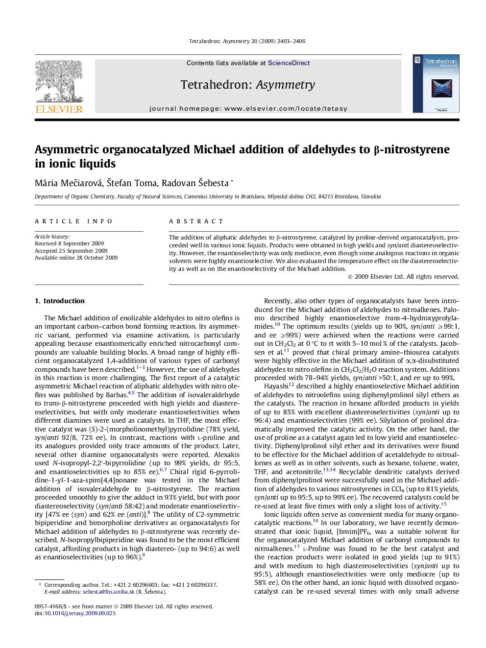 Asymmetric organocatalyzed Michael addition of aldehydes to β-nitrostyrene in ionic liquids