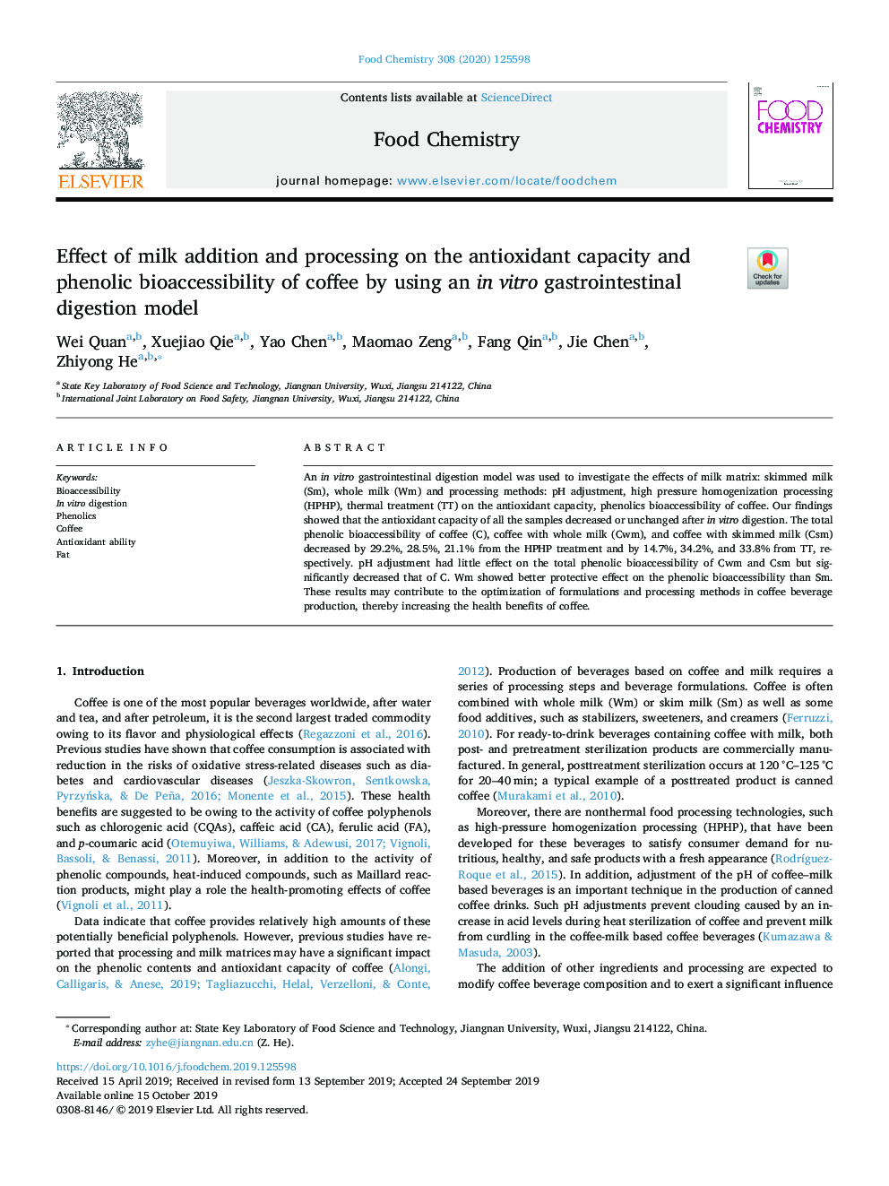 عکس صفحه اول مقاله: Effect of milk addition and processing on the antioxidant capacity and phenolic bioaccessibility of coffee by using an in vitro gastrointestinal digestion model Effect of milk addition and processing on the antioxidant capacity and phenolic bioaccessibility of coffee by using an in vitro gastrointestinal digestion model