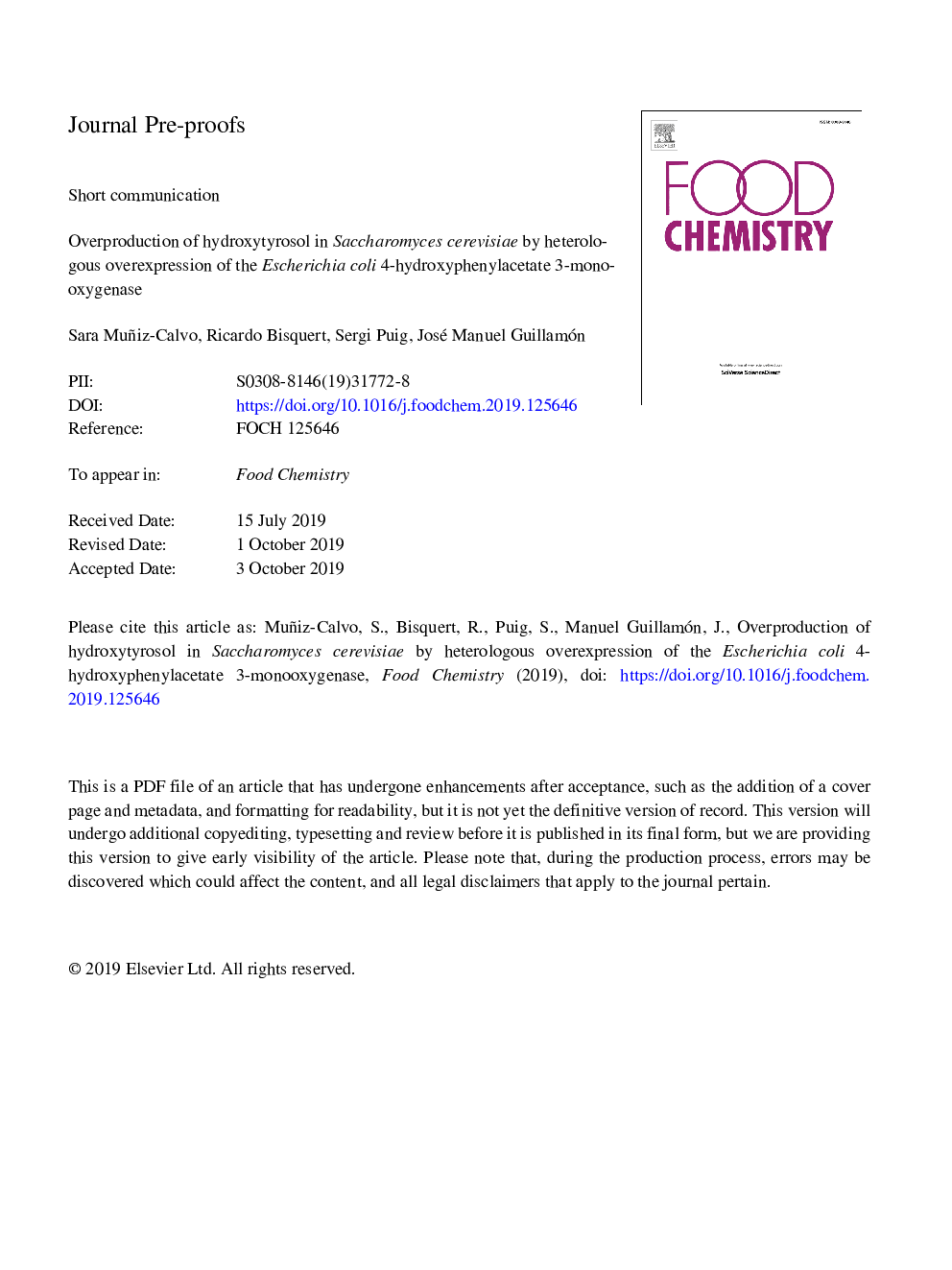 عکس صفحه اول مقاله: Overproduction of hydroxytyrosol in Saccharomyces cerevisiae by heterologous overexpression of the Escherichia coli 4-hydroxyphenylacetate 3-monooxygenase Overproduction of hydroxytyrosol in Saccharomyces cerevisiae by heterologous overexpression of the Escherichia coli 4-hydroxyphenylacetate 3-monooxygenase