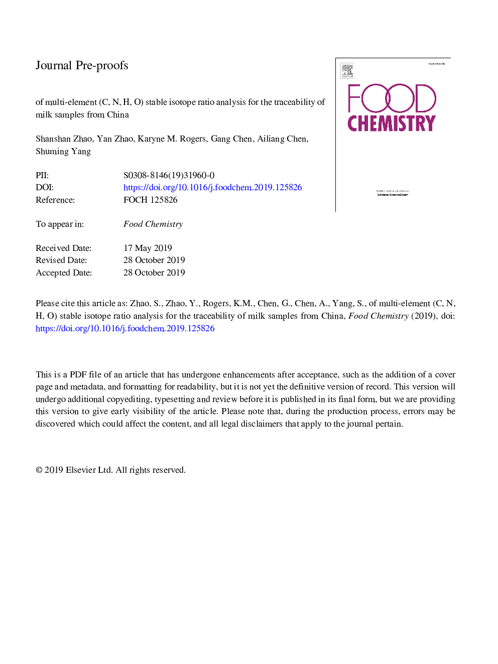 عکس صفحه اول مقاله: Application of multi-element (C, N, H, O) stable isotope ratio analysis for the traceability of milk samples from China Application of multi-element (C, N, H, O) stable isotope ratio analysis for the traceability of milk samples from China