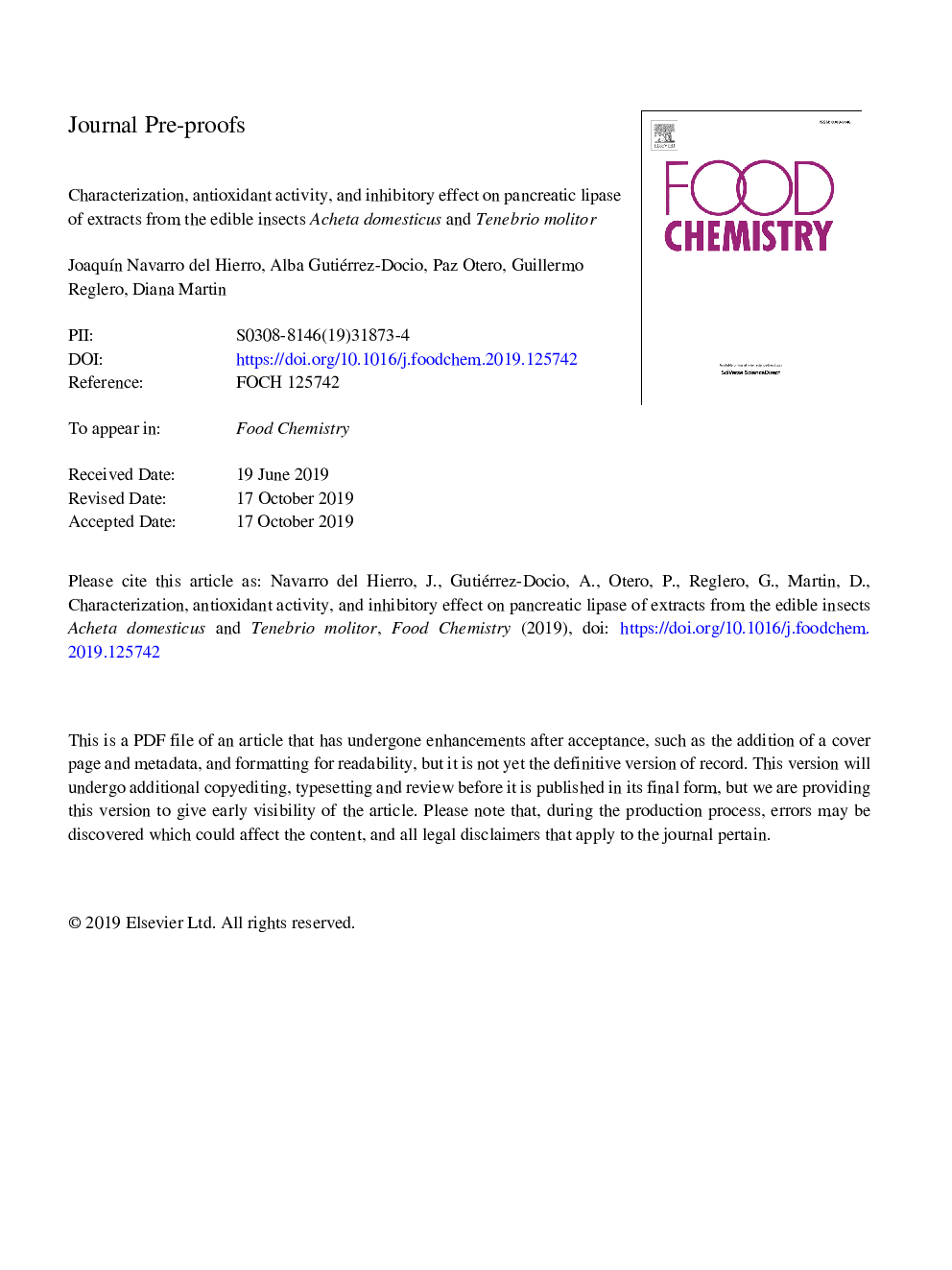 عکس صفحه اول مقاله: Characterization, antioxidant activity, and inhibitory effect on pancreatic lipase of extracts from the edible insects Acheta domesticus and Tenebrio molitor Characterization, antioxidant activity, and inhibitory effect on pancreatic lipase of extracts from the edible insects Acheta domesticus and Tenebrio molitor