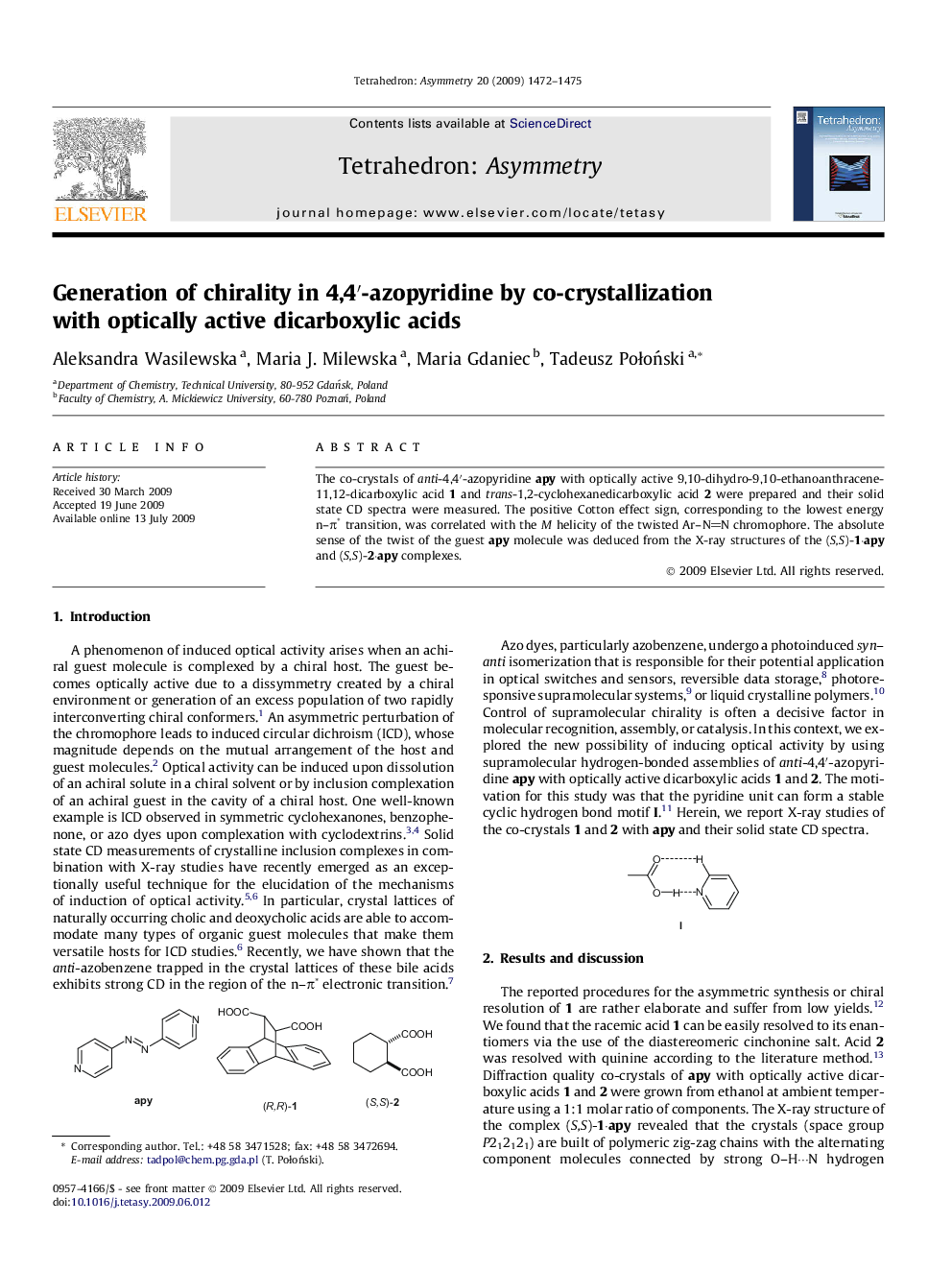Generation of chirality in 4,4′-azopyridine by co-crystallization with optically active dicarboxylic acids