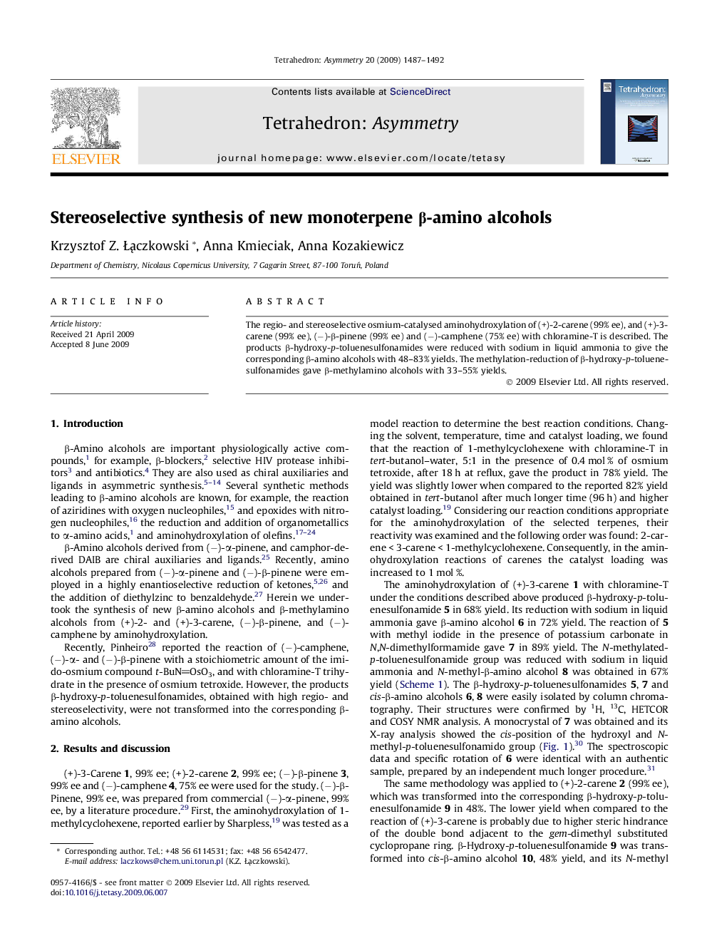Stereoselective synthesis of new monoterpene β-amino alcohols