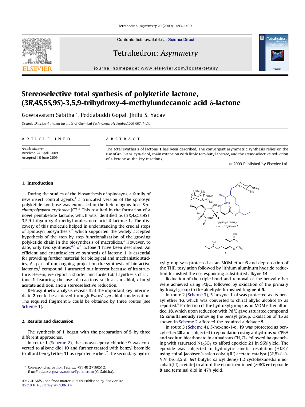 Stereoselective total synthesis of polyketide lactone, (3R,4S,5S,9S)-3,5,9-trihydroxy-4-methylundecanoic acid δ-lactone
