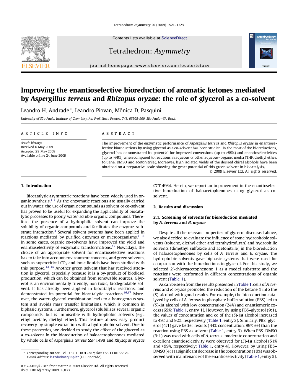 Improving the enantioselective bioreduction of aromatic ketones mediated by Aspergillus terreus and Rhizopus oryzae: the role of glycerol as a co-solvent