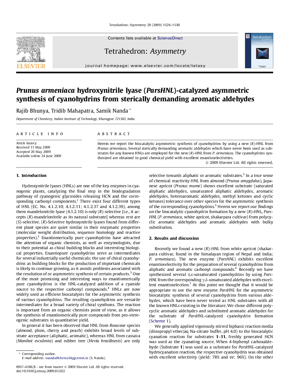 Prunusarmeniaca hydroxynitrile lyase (ParsHNL)-catalyzed asymmetric synthesis of cyanohydrins from sterically demanding aromatic aldehydes