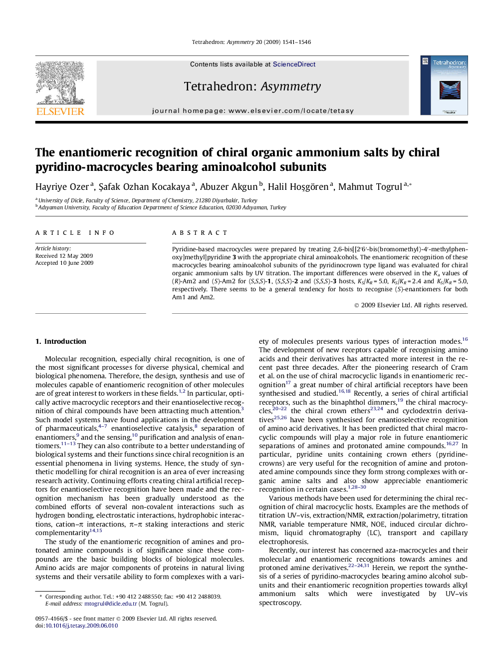 The enantiomeric recognition of chiral organic ammonium salts by chiral pyridino-macrocycles bearing aminoalcohol subunits
