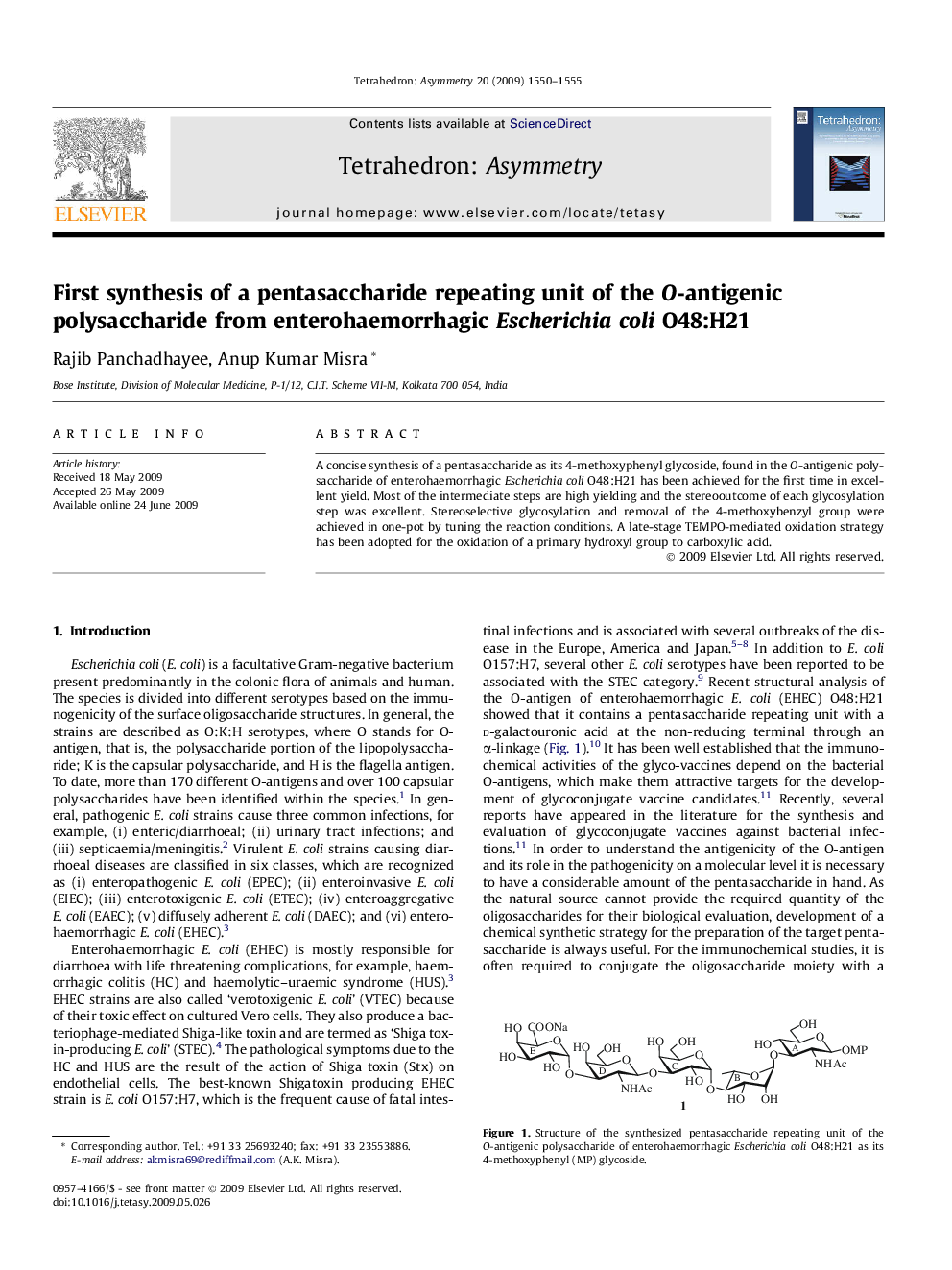 First synthesis of a pentasaccharide repeating unit of the O-antigenic polysaccharide from enterohaemorrhagic Escherichia coli O48:H21