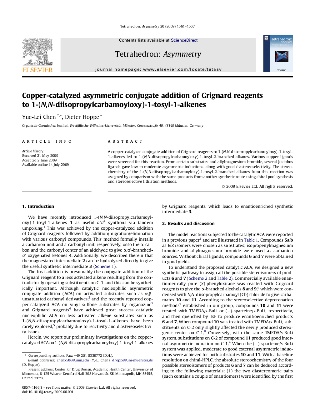 Copper-catalyzed asymmetric conjugate addition of Grignard reagents to 1-(N,N-diisopropylcarbamoyloxy)-1-tosyl-1-alkenes