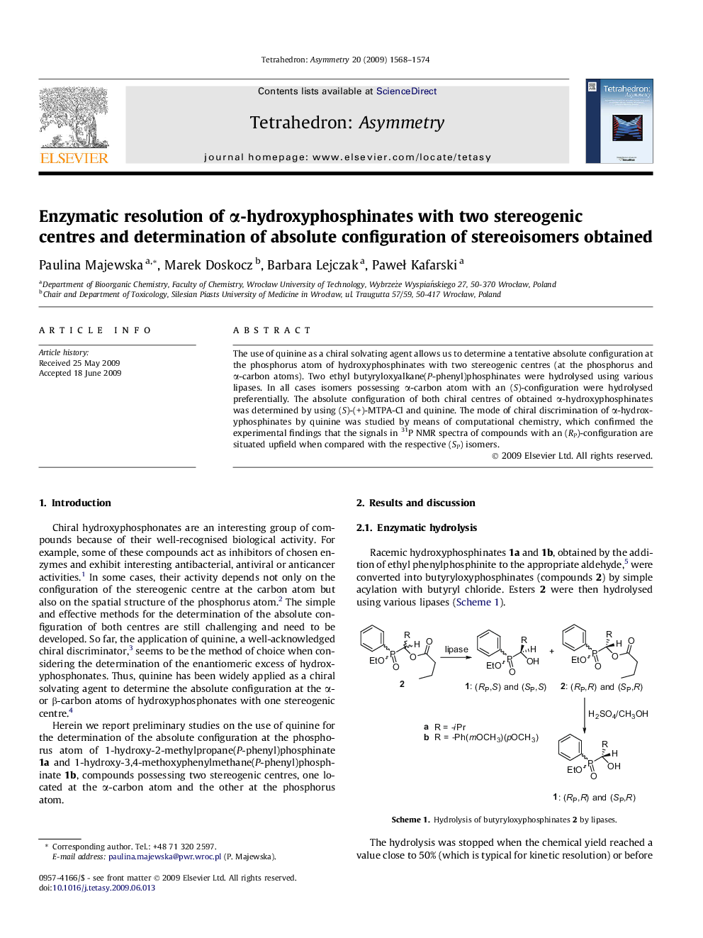 Enzymatic resolution of α-hydroxyphosphinates with two stereogenic centres and determination of absolute configuration of stereoisomers obtained
