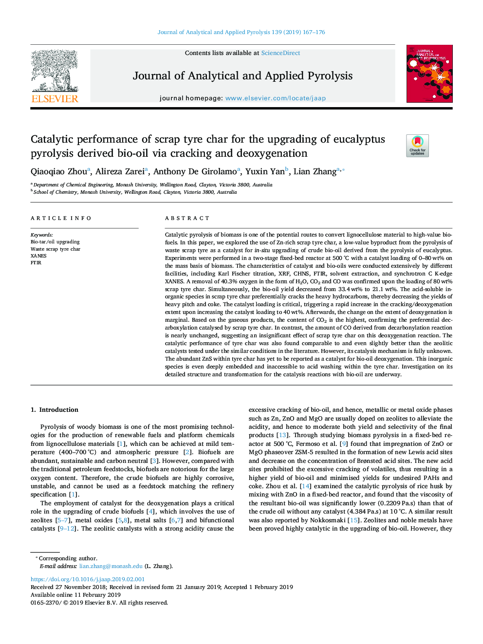 Catalytic performance of scrap tyre char for the upgrading of eucalyptus pyrolysis derived bio-oil via cracking and deoxygenation