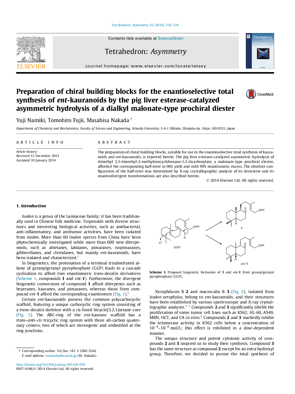 Preparation of chiral building blocks for the enantioselective total synthesis of ent-kauranoids by the pig liver esterase-catalyzed asymmetric hydrolysis of a dialkyl malonate-type prochiral diester