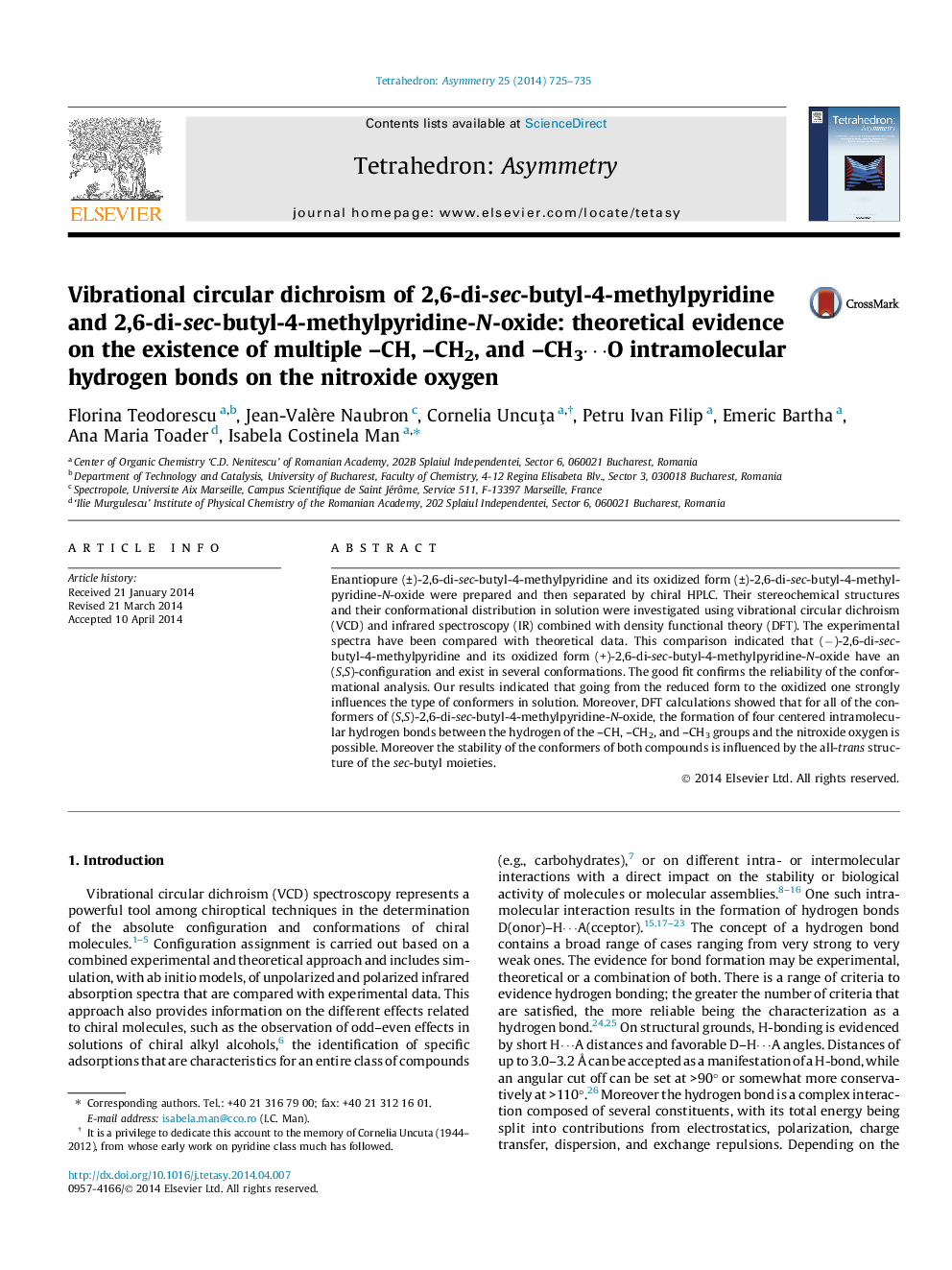 Vibrational circular dichroism of 2,6-di-sec-butyl-4-methylpyridine and 2,6-di-sec-butyl-4-methylpyridine-N-oxide: theoretical evidence on the existence of multiple –CH, –CH2, and –CH3⋯O intramolecular hydrogen bonds on the nitroxide oxygen