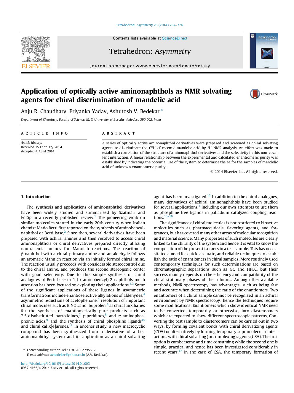 Application of optically active aminonaphthols as NMR solvating agents for chiral discrimination of mandelic acid