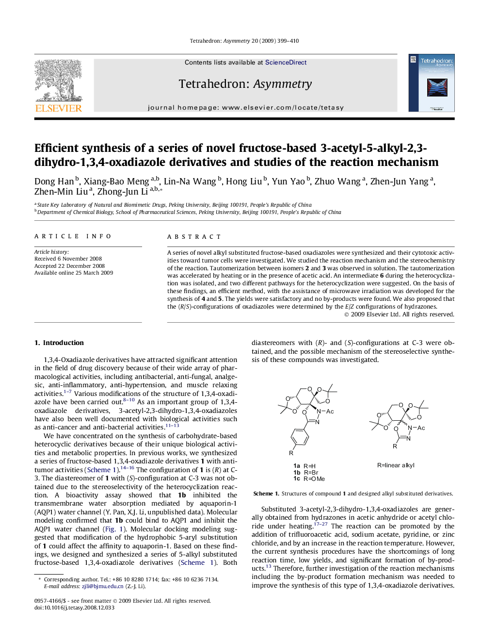 Efficient synthesis of a series of novel fructose-based 3-acetyl-5-alkyl-2,3-dihydro-1,3,4-oxadiazole derivatives and studies of the reaction mechanism