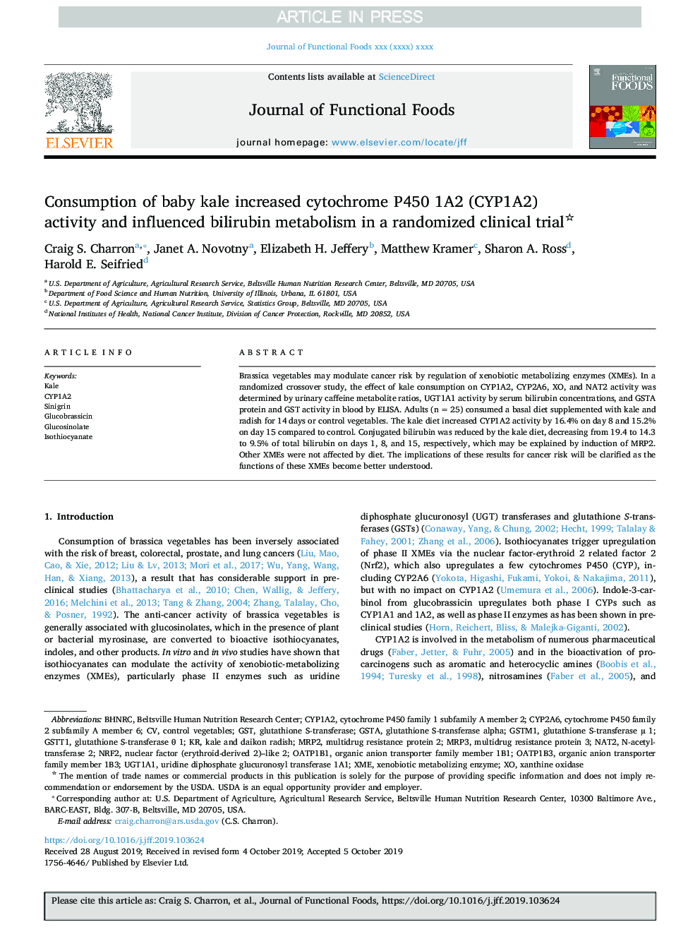 Consumption of baby kale increased cytochrome P450 1A2 (CYP1A2) activity and influenced bilirubin metabolism in a randomized clinical trial