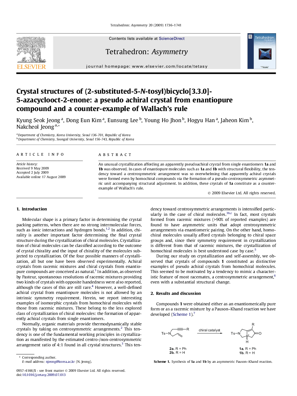 Crystal structures of (2-substituted-5-N-tosyl)bicyclo[3.3.0]-5-azacyclooct-2-enone: a pseudo achiral crystal from enantiopure compound and a counter-example of Wallach’s rule