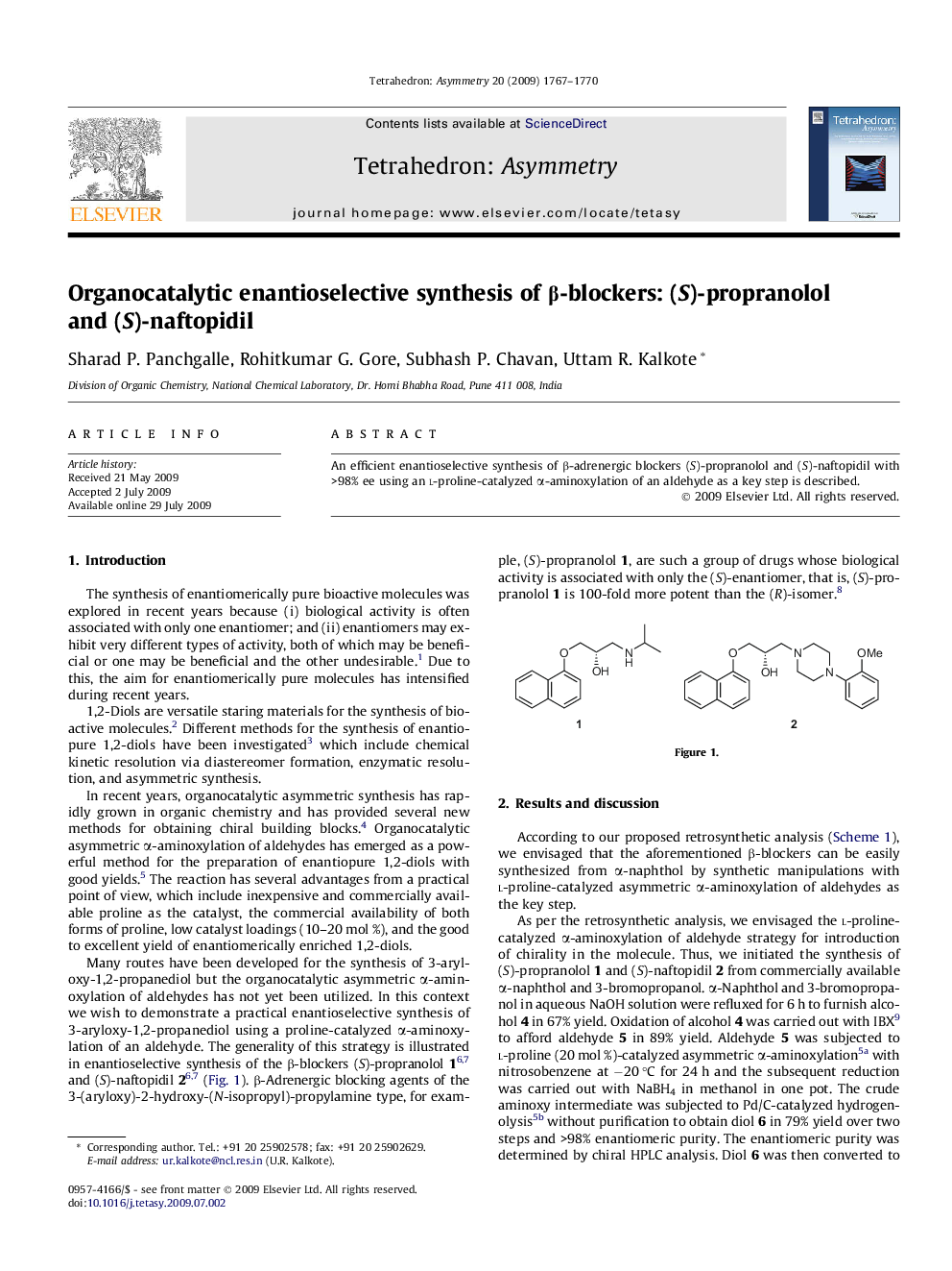 Organocatalytic enantioselective synthesis of β-blockers: (S)-propranolol and (S)-naftopidil