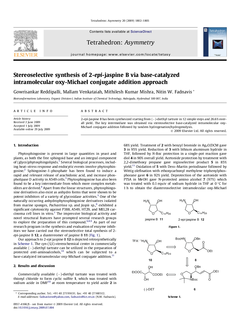 Stereoselective synthesis of 2-epi-jaspine B via base-catalyzed intramolecular oxy-Michael conjugate addition approach