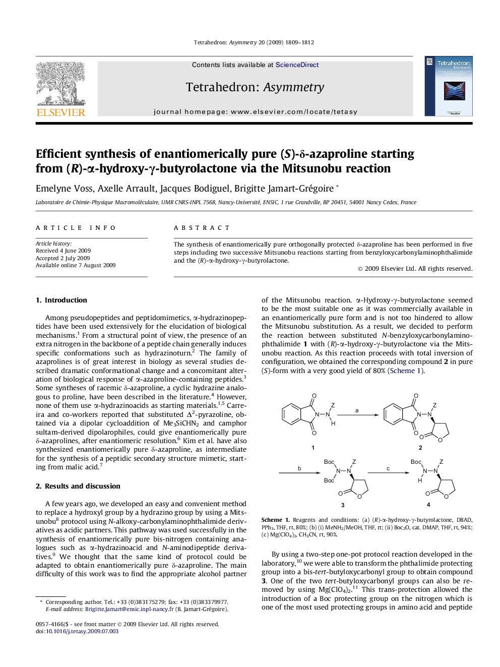 Efficient synthesis of enantiomerically pure (S)-δ-azaproline starting from (R)-α-hydroxy-γ-butyrolactone via the Mitsunobu reaction