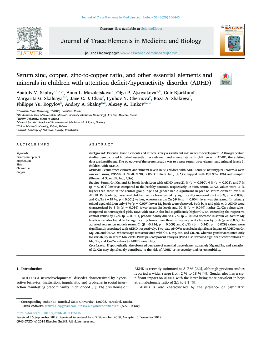 Serum zinc, copper, zinc-to-copper ratio, and other essential elements and minerals in children with attention deficit/hyperactivity disorder (ADHD)