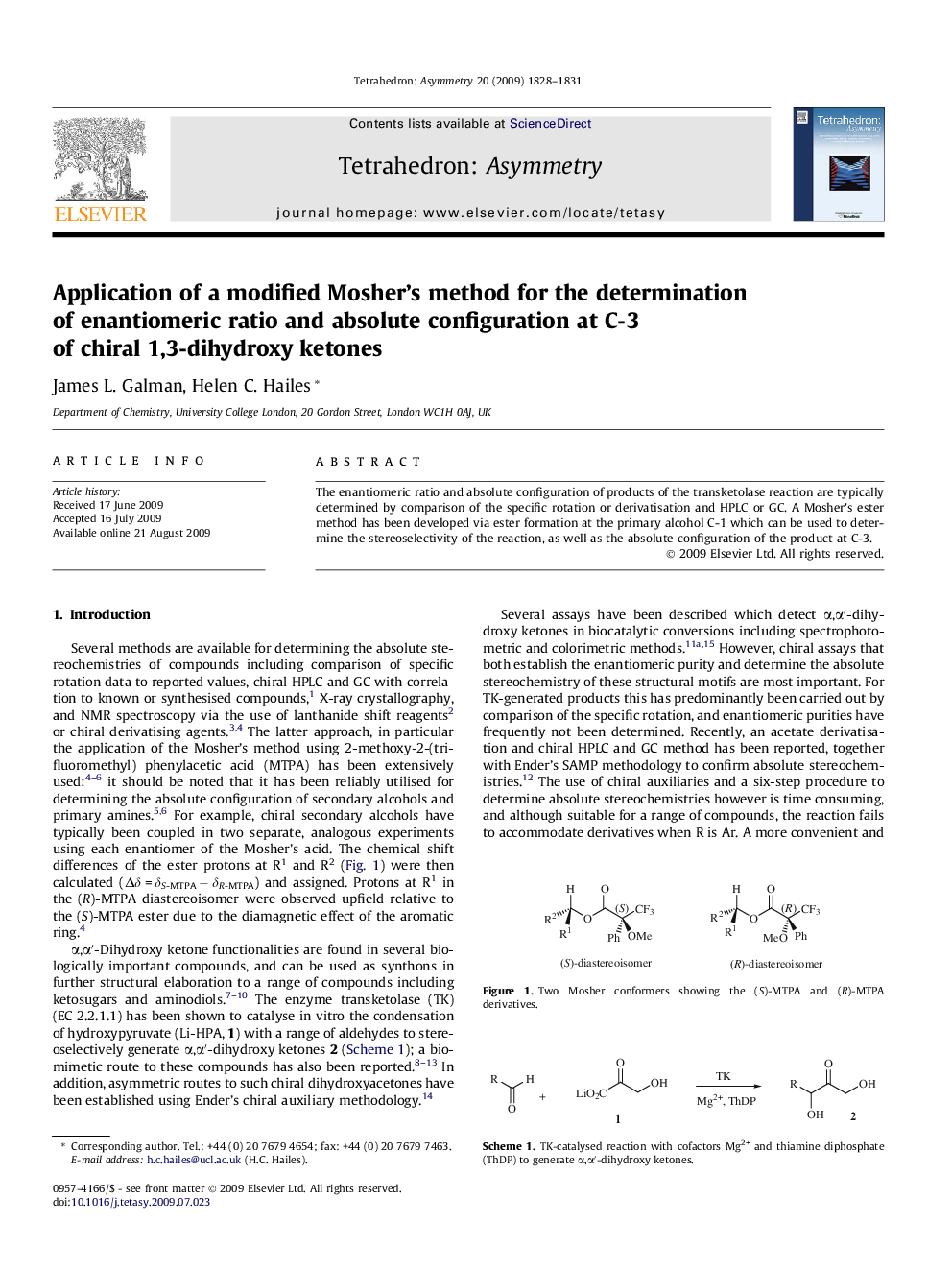 Application of a modified Mosher’s method for the determination of enantiomeric ratio and absolute configuration at C-3 of chiral 1,3-dihydroxy ketones