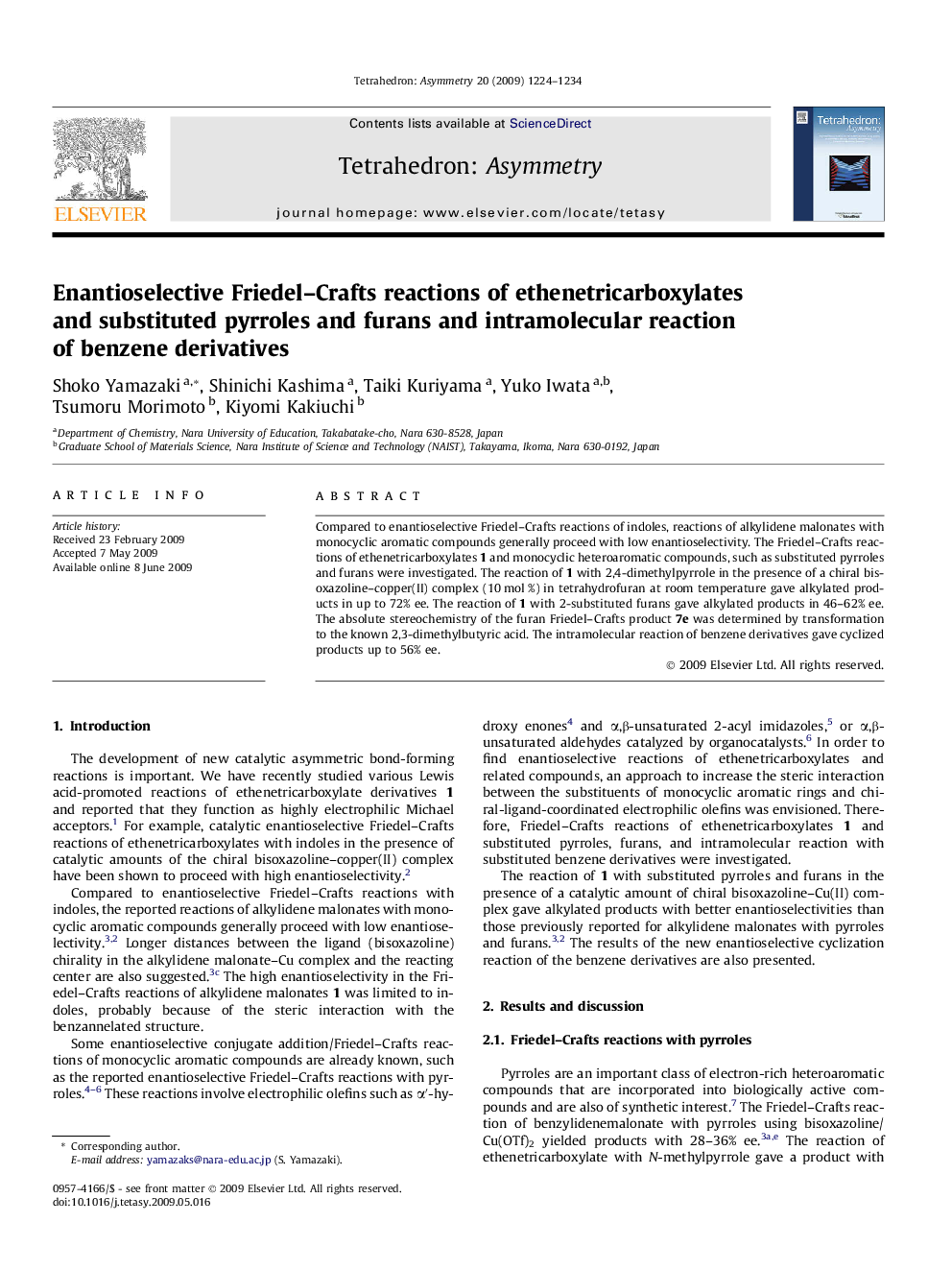 Enantioselective Friedel–Crafts reactions of ethenetricarboxylates and substituted pyrroles and furans and intramolecular reaction of benzene derivatives