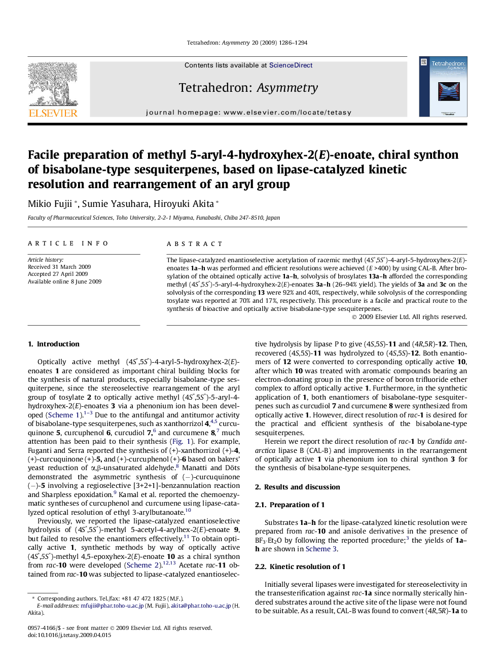 Facile preparation of methyl 5-aryl-4-hydroxyhex-2(E)-enoate, chiral synthon of bisabolane-type sesquiterpenes, based on lipase-catalyzed kinetic resolution and rearrangement of an aryl group