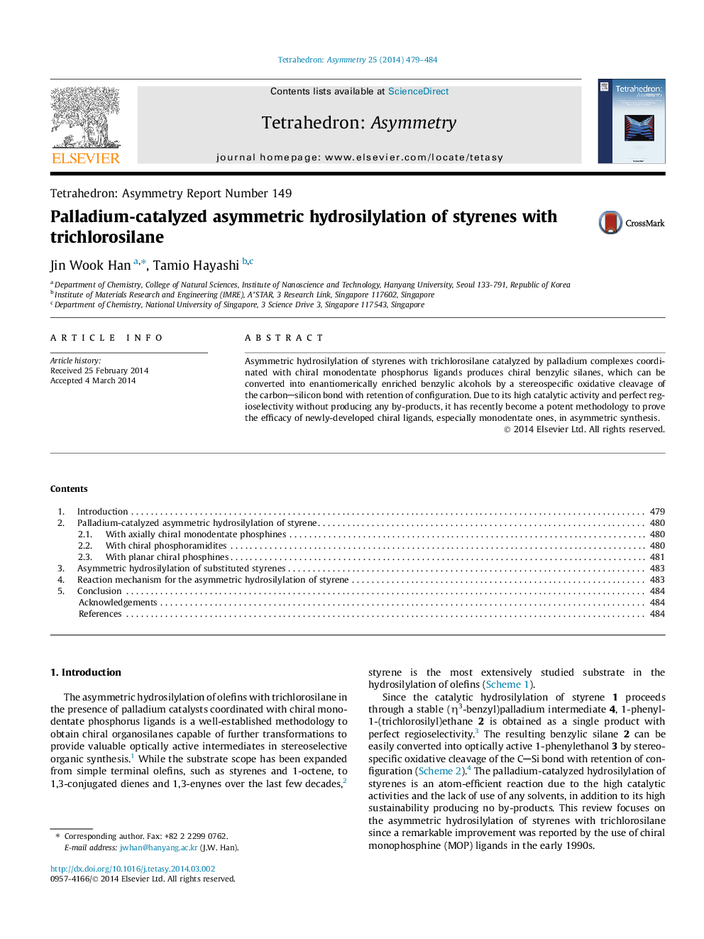Palladium-catalyzed asymmetric hydrosilylation of styrenes with trichlorosilane