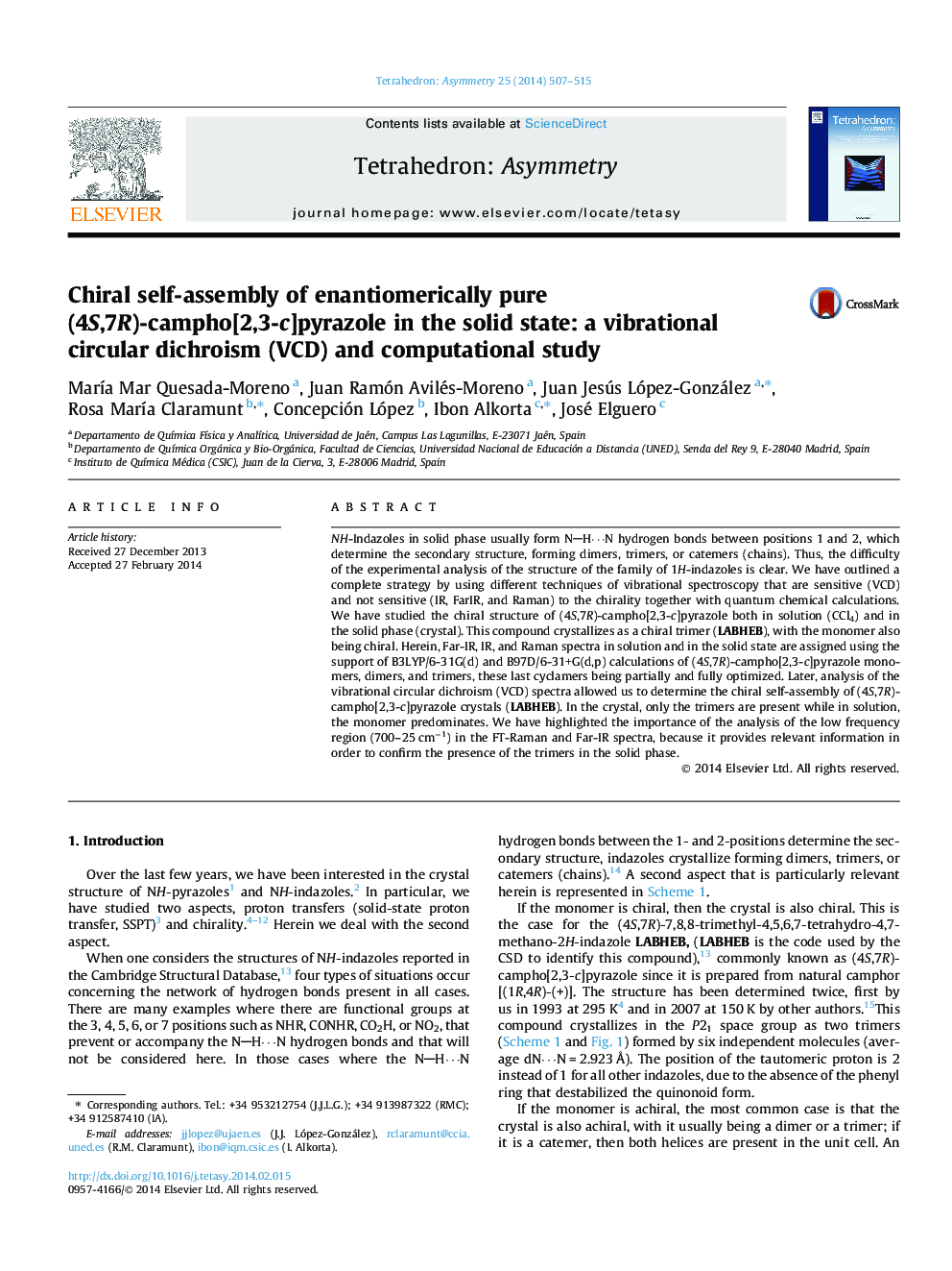 Chiral self-assembly of enantiomerically pure (4S,7R)-campho[2,3-c]pyrazole in the solid state: a vibrational circular dichroism (VCD) and computational study