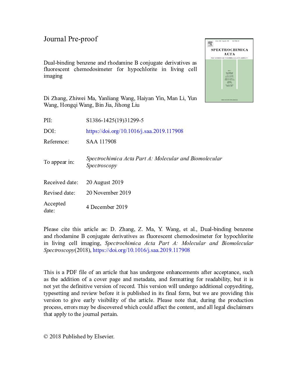 Dual-binding benzene and rhodamine B conjugate derivatives as fluorescent chemodosimeter for hypochlorite in living cell imaging