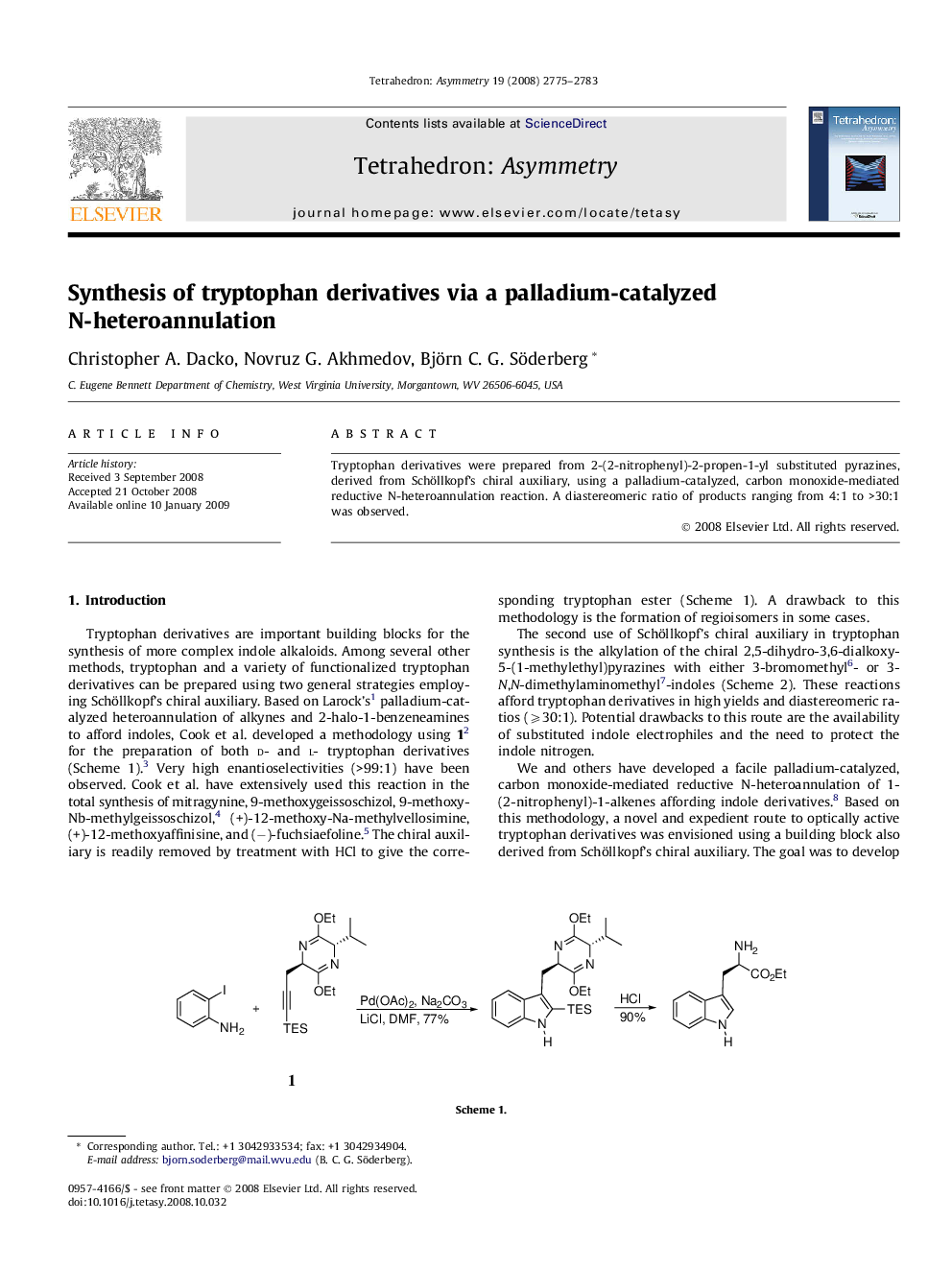 Synthesis of tryptophan derivatives via a palladium-catalyzed N-heteroannulation