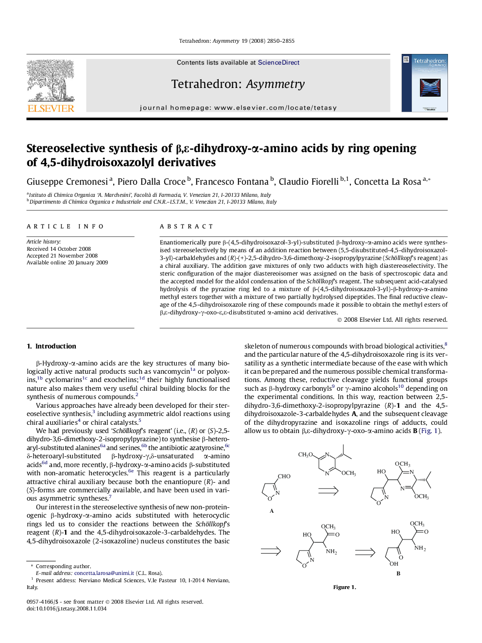 Stereoselective synthesis of β,ε-dihydroxy-α-amino acids by ring opening of 4,5-dihydroisoxazolyl derivatives