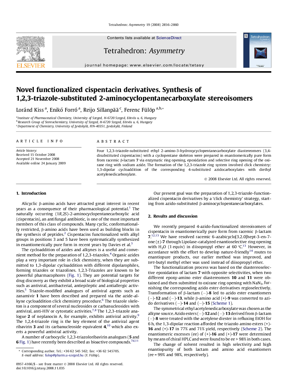 Novel functionalized cispentacin derivatives. Synthesis of 1,2,3-triazole-substituted 2-aminocyclopentanecarboxylate stereoisomers