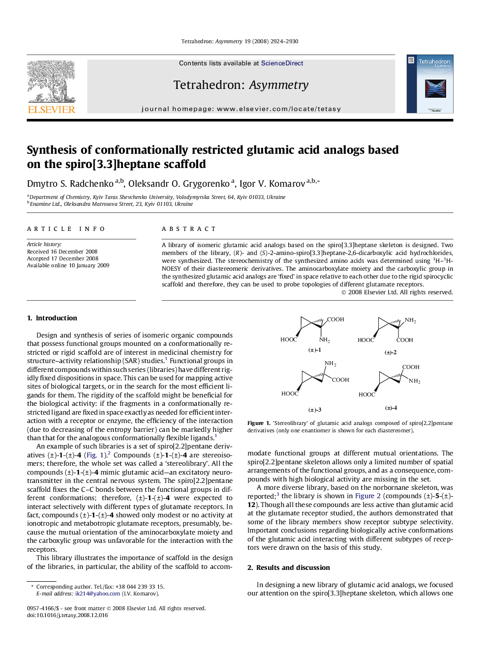 Synthesis of conformationally restricted glutamic acid analogs based on the spiro[3.3]heptane scaffold