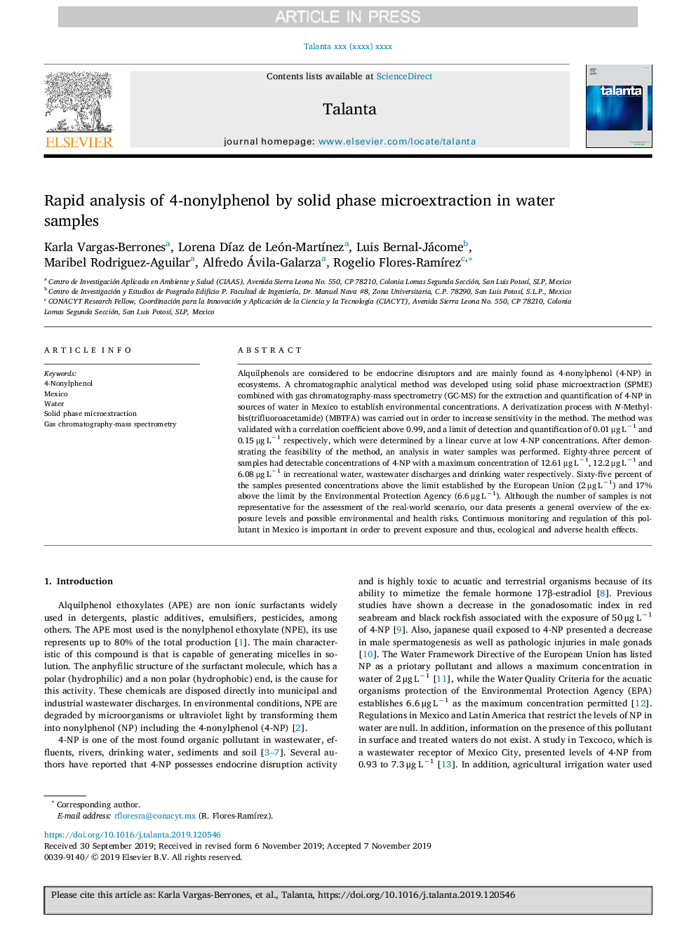 Rapid analysis of 4-nonylphenol by solid phase microextraction in water samples