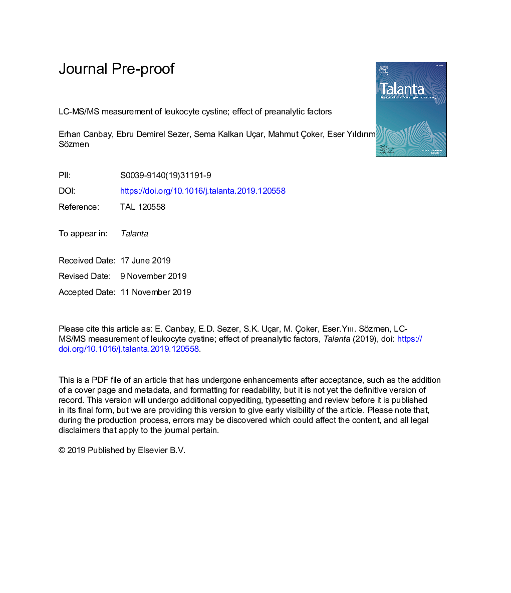 LC-MS/MS measurement of leukocyte cystine; effect of preanalytic factors