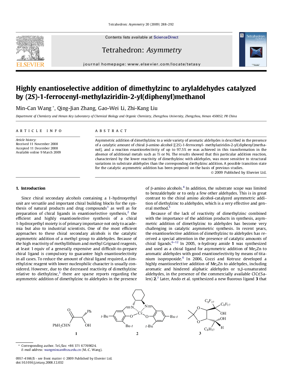 Highly enantioselective addition of dimethylzinc to arylaldehydes catalyzed by (2S)-1-ferrocenyl-methylaziridin-2-yl(diphenyl)methanol