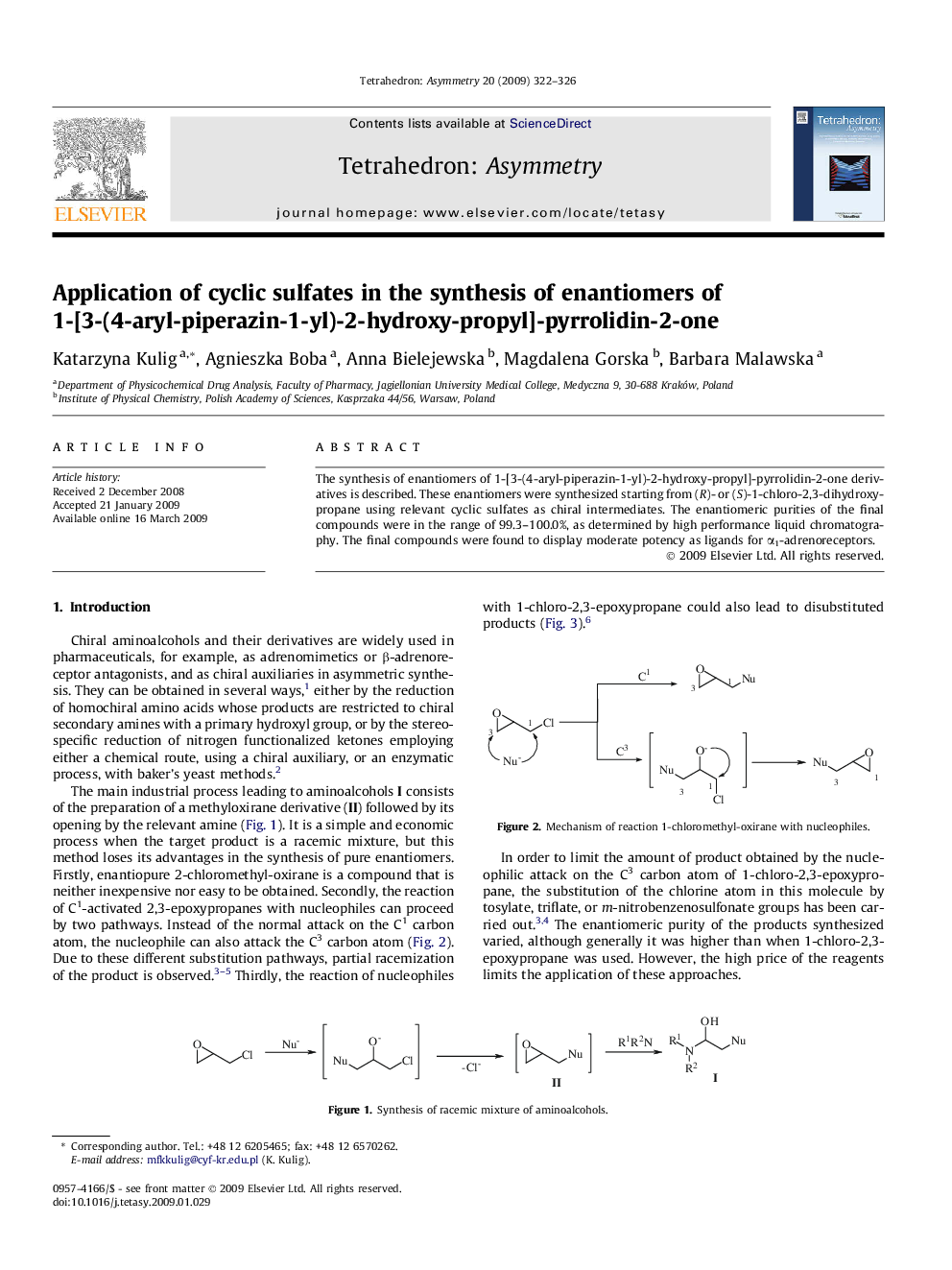 Application of cyclic sulfates in the synthesis of enantiomers of 1-[3-(4-aryl-piperazin-1-yl)-2-hydroxy-propyl]-pyrrolidin-2-one