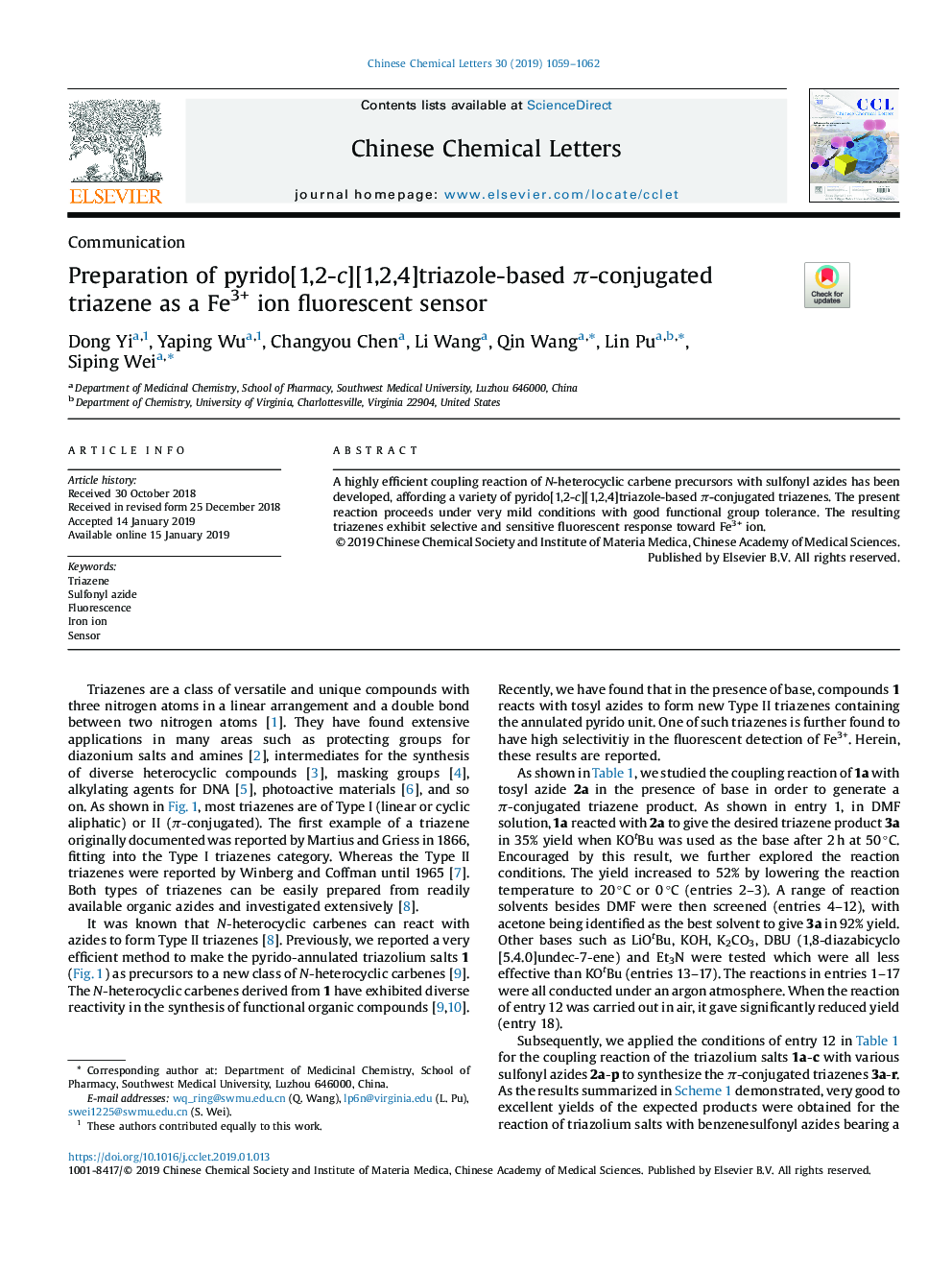 Preparation of pyrido[1,2-c][1,2,4]triazole-based Ï-conjugated triazene as a Fe3+ ion fluorescent sensor