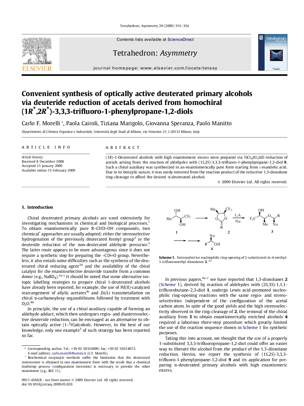 Convenient synthesis of optically active deuterated primary alcohols via deuteride reduction of acetals derived from homochiral (1R∗,2R∗)-3,3,3-trifluoro-1-phenylpropane-1,2-diols