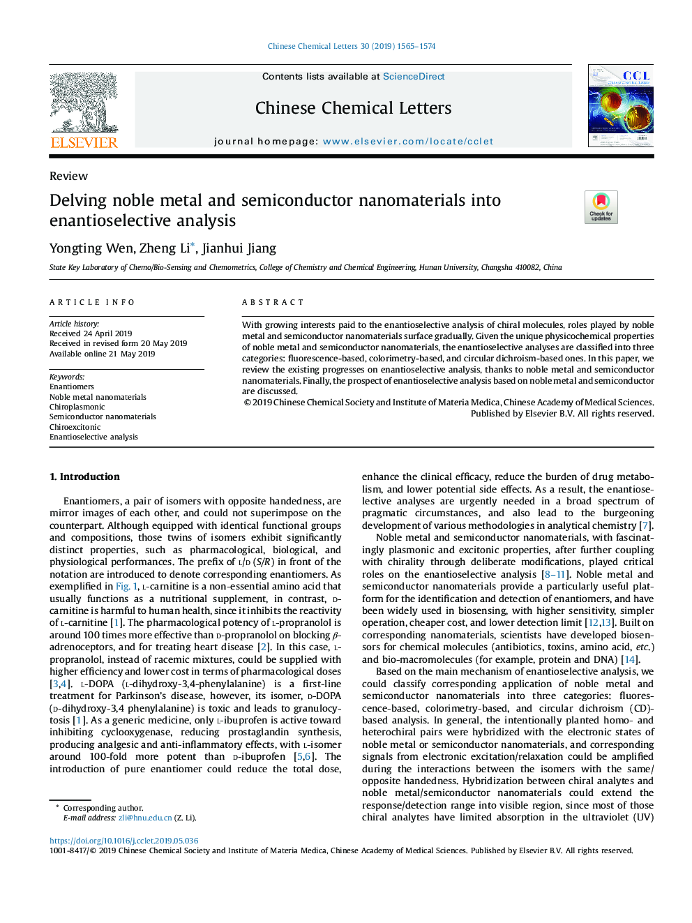 Delving noble metal and semiconductor nanomaterials into enantioselective analysis