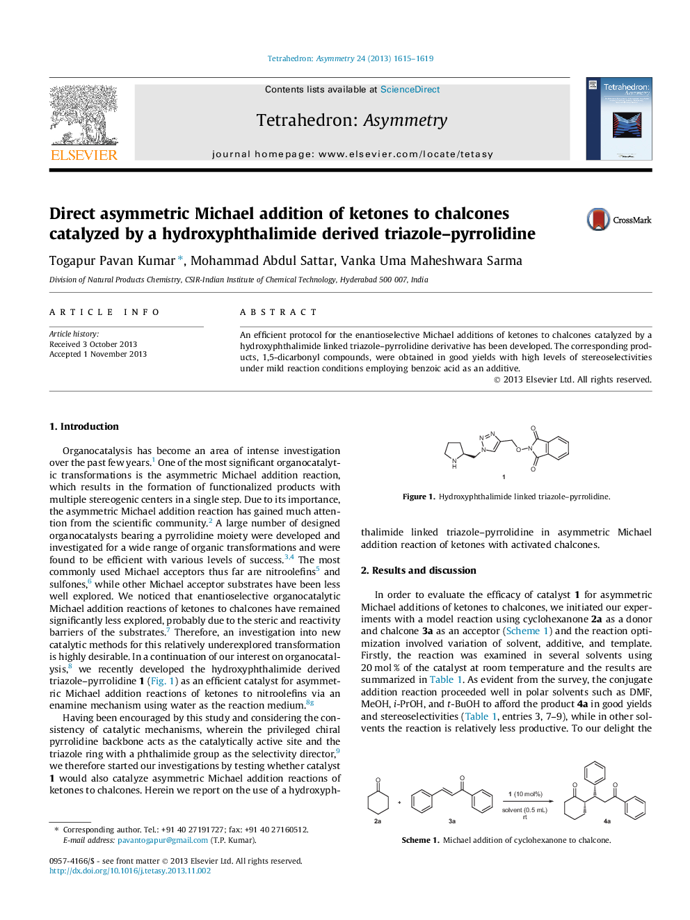 Direct asymmetric Michael addition of ketones to chalcones catalyzed by a hydroxyphthalimide derived triazole–pyrrolidine