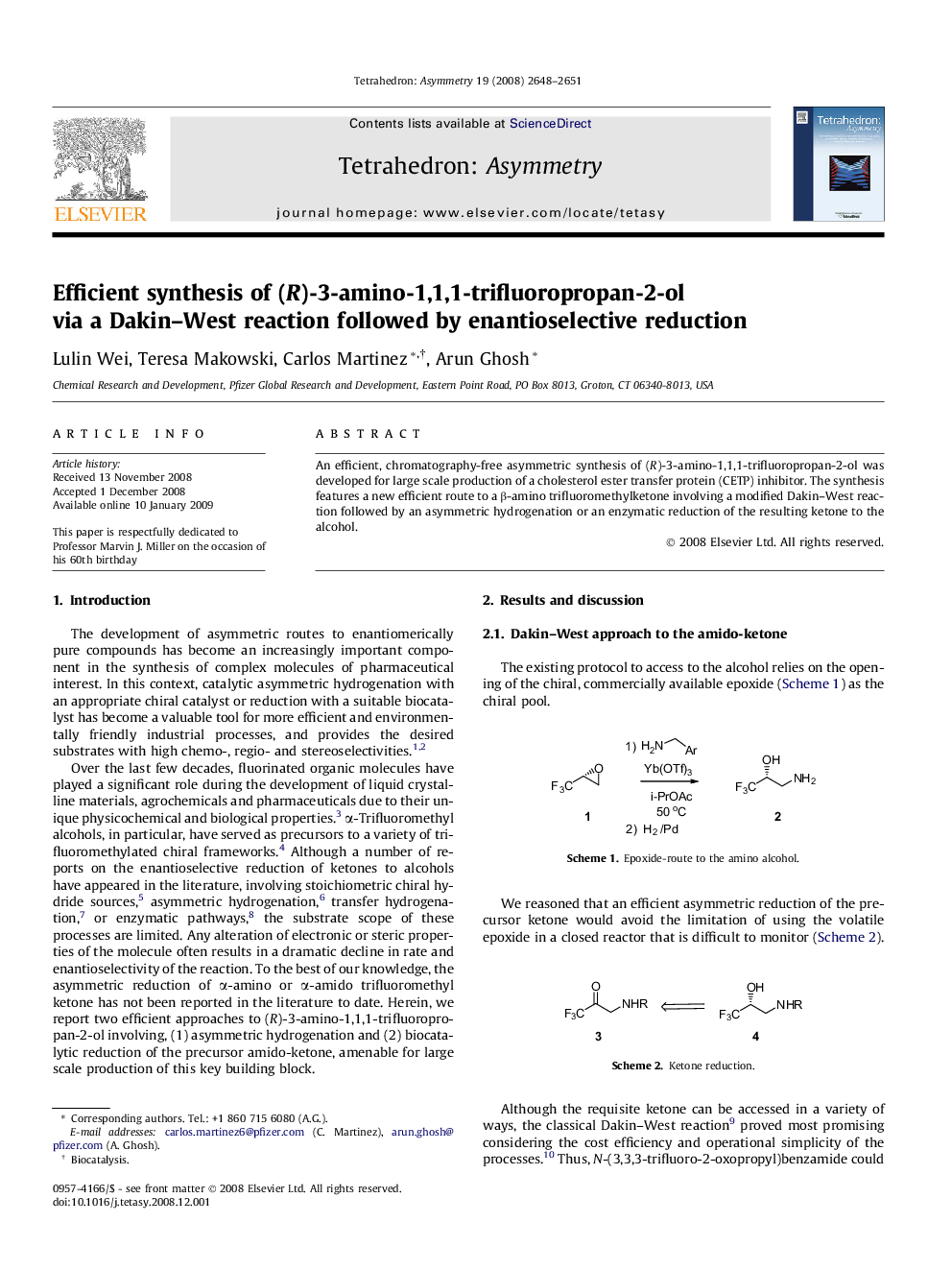 Efficient synthesis of (R)-3-amino-1,1,1-trifluoropropan-2-ol via a Dakin–West reaction followed by enantioselective reduction