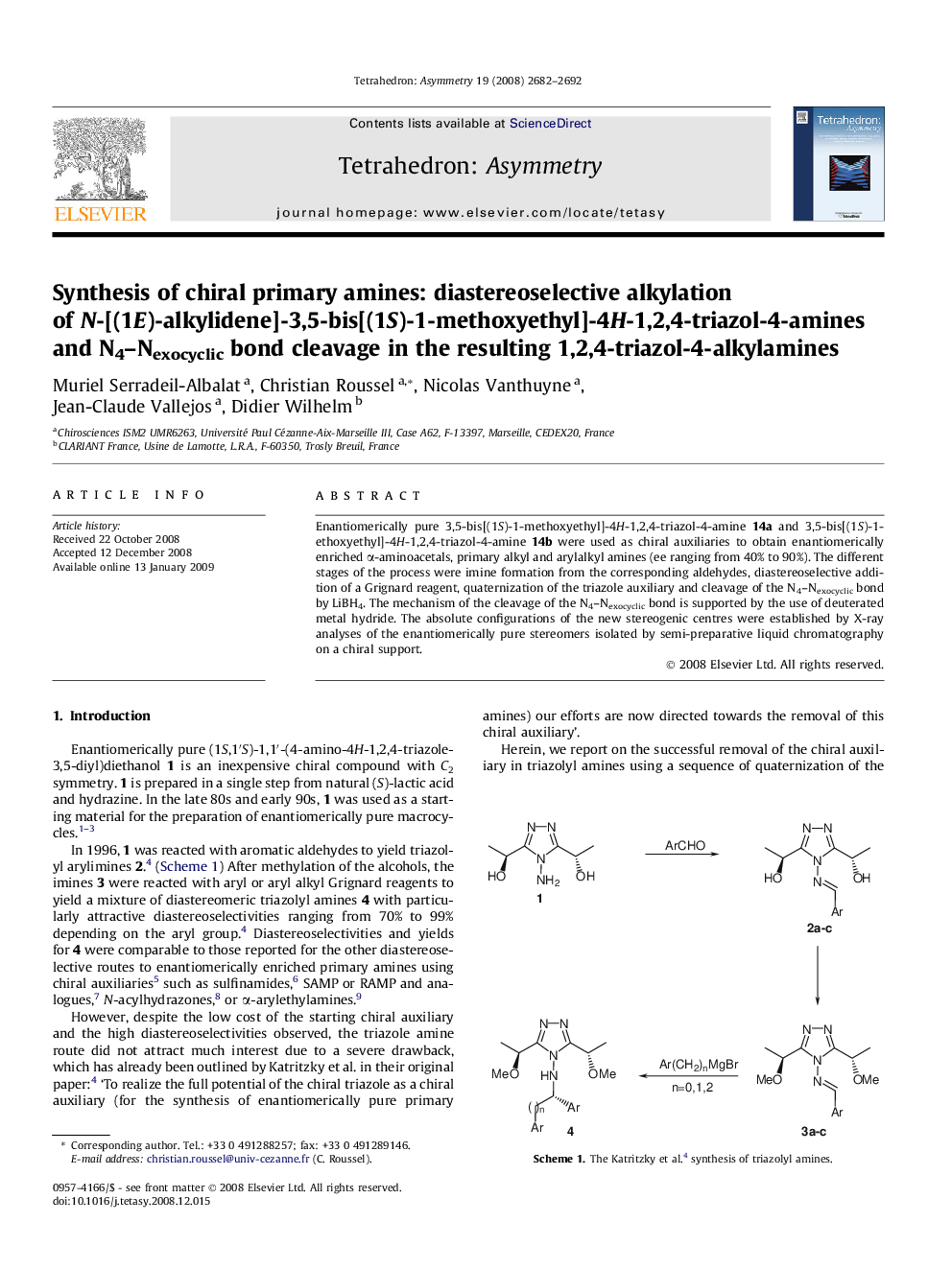 Synthesis of chiral primary amines: diastereoselective alkylation of N-[(1E)-alkylidene]-3,5-bis[(1S)-1-methoxyethyl]-4H-1,2,4-triazol-4-amines and N4-Nexocyclic bond cleavage in the resulting 1,2,4-triazol-4-alkylamines