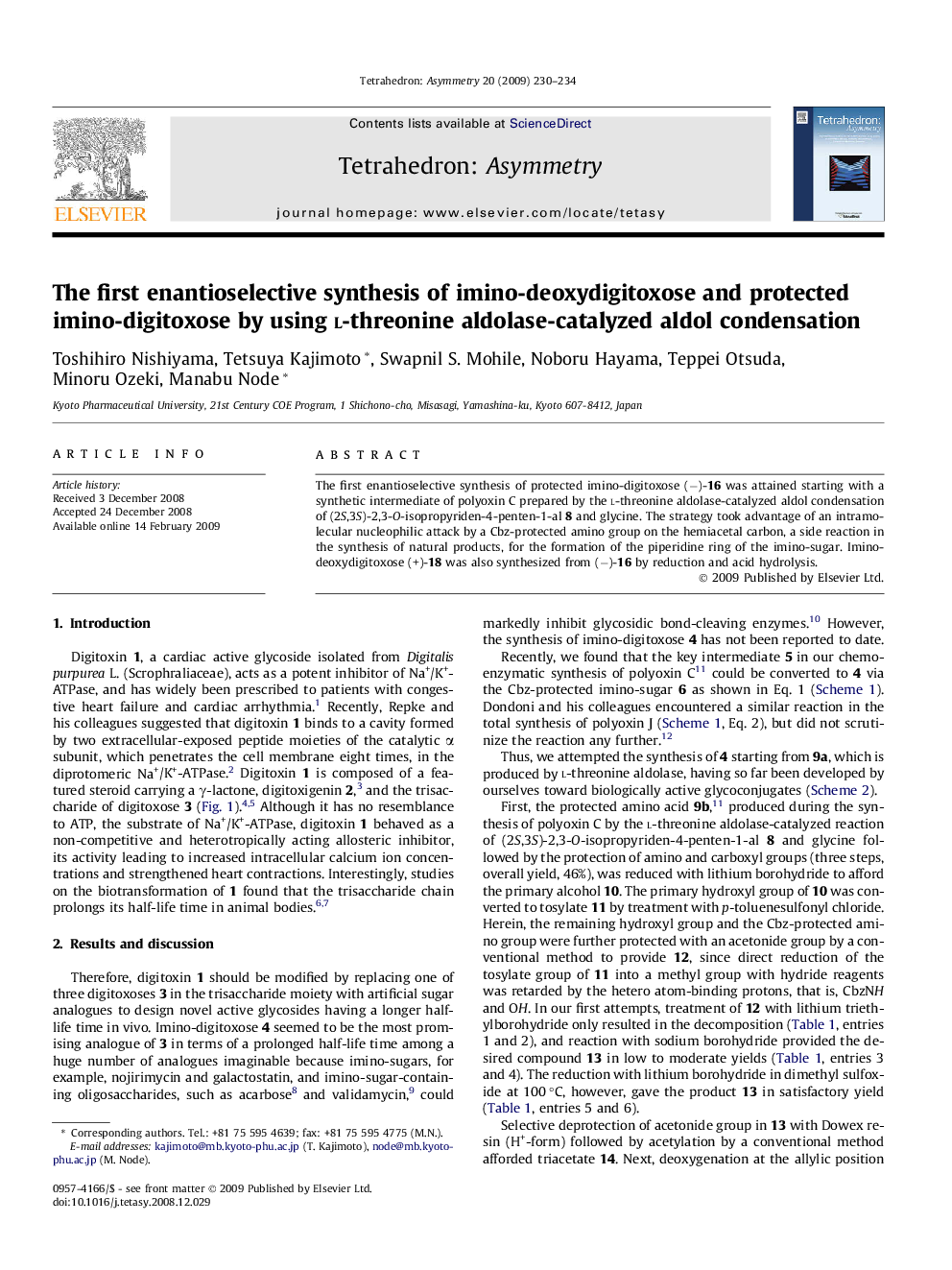 The first enantioselective synthesis of imino-deoxydigitoxose and protected imino-digitoxose by using l-threonine aldolase-catalyzed aldol condensation